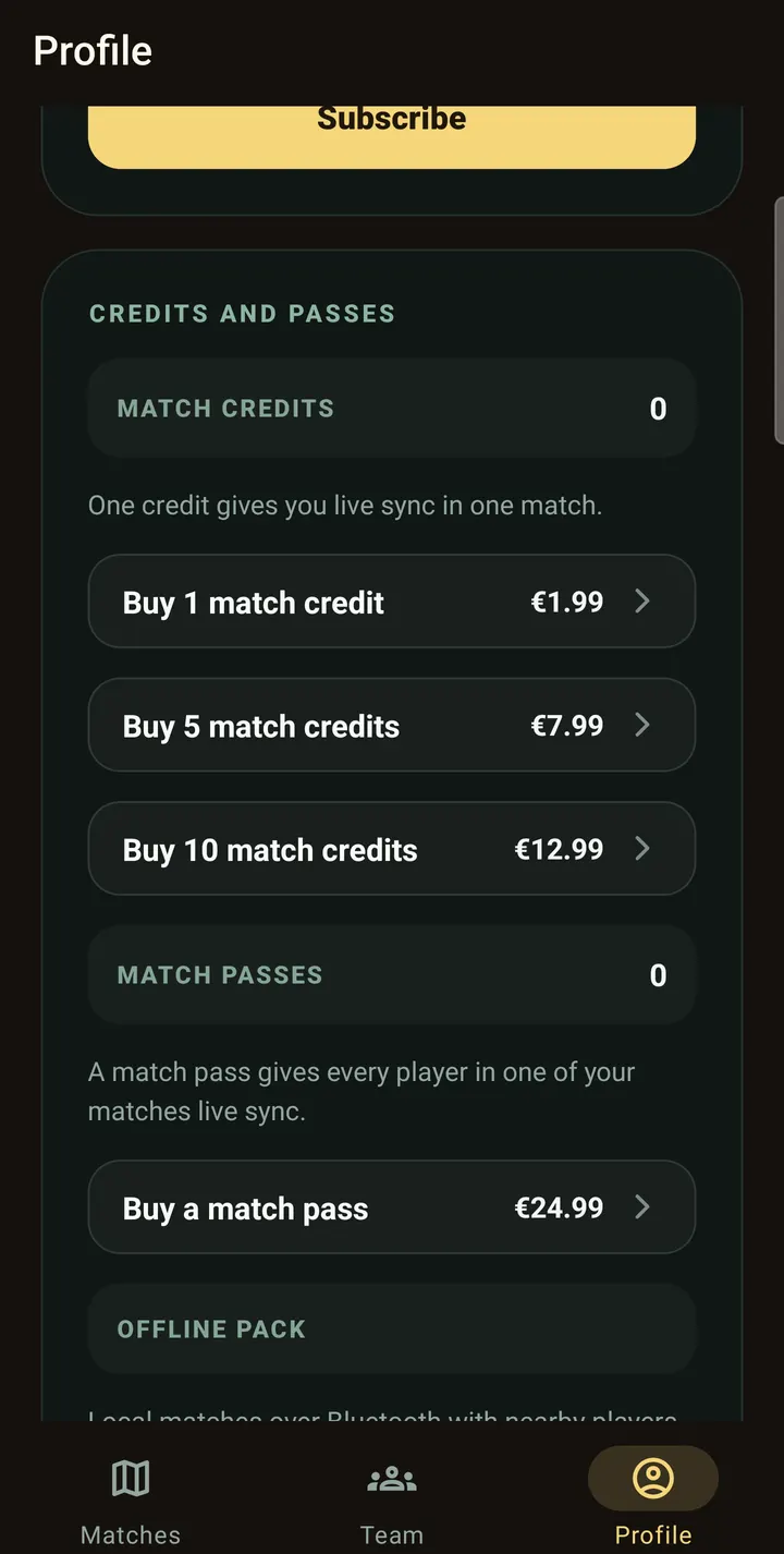 Profile tab: credits and passes with prices